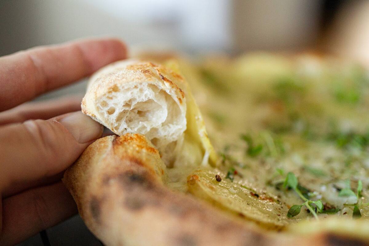 Hånd trækker stykke af bagt pizzadej: luftig krumme, gylden skorpe, smeltet ost og friske krydderurter.